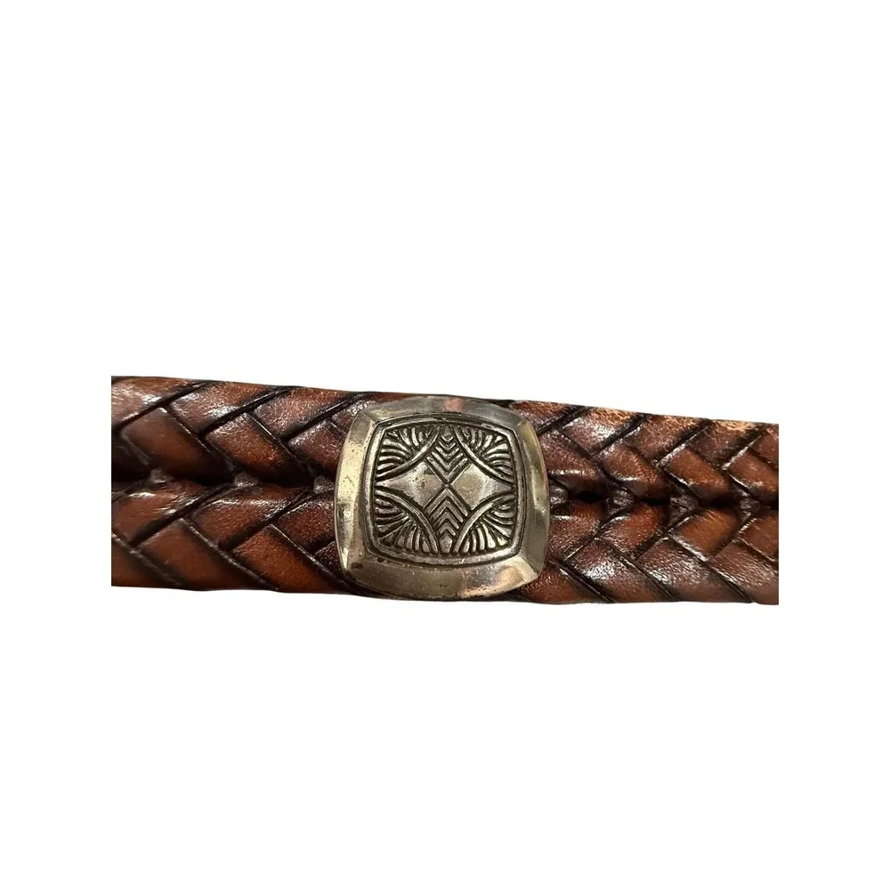 Brighton Brown Braided Leather‎ Belt Silver Engraved Buckle Southwestern Size 32